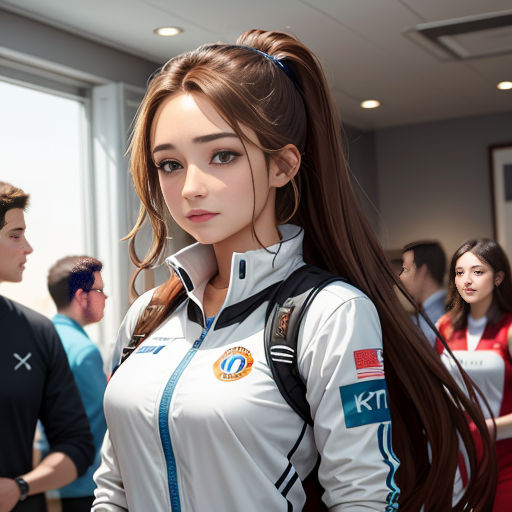 a woman with long hair standing in a room with other people looking on and talking to each other while wearing a white jacket