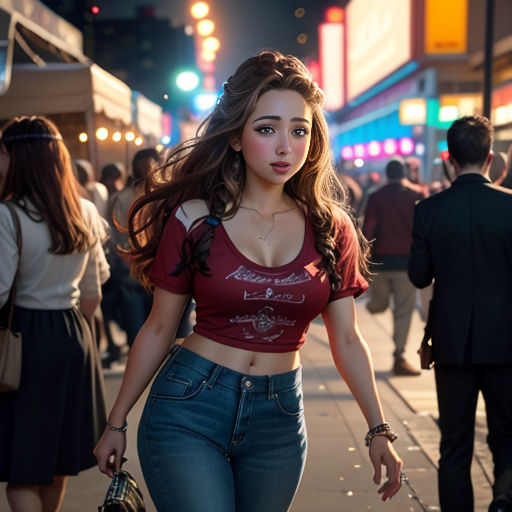 a woman walking down a street next to a crowd of people at night time, with a red shirt on