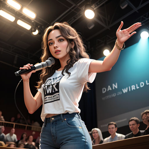 a woman standing in front of a microphone in front of a crowd of people in a theater auditorium with a microphone