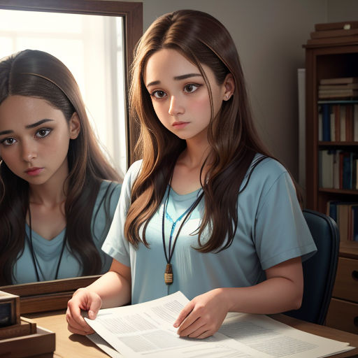 a girl looking at herself in the mirror while reading a book and another girl looks at her reflection in the mirror
