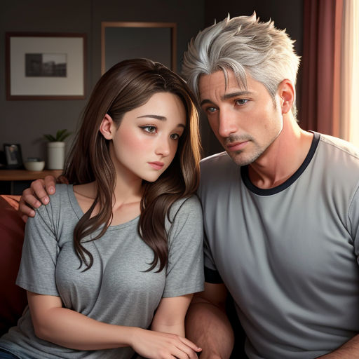 a man and a woman sitting on a couch together, one of them is looking at the camera and the other is looking at the camera