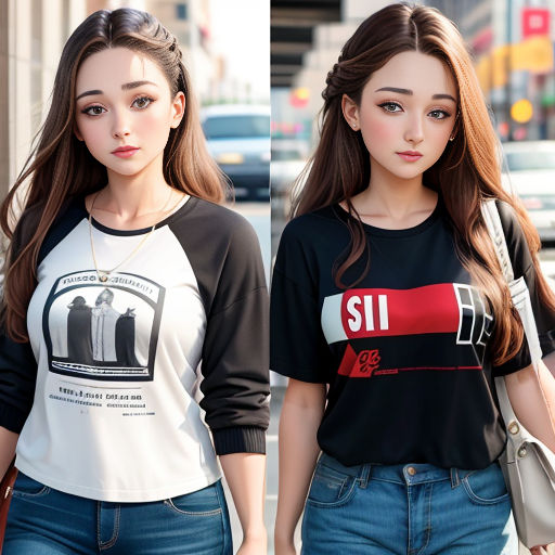 two women wearing black and white shirts and jeans, one with a red and white shirt and the other with a black and white shirt