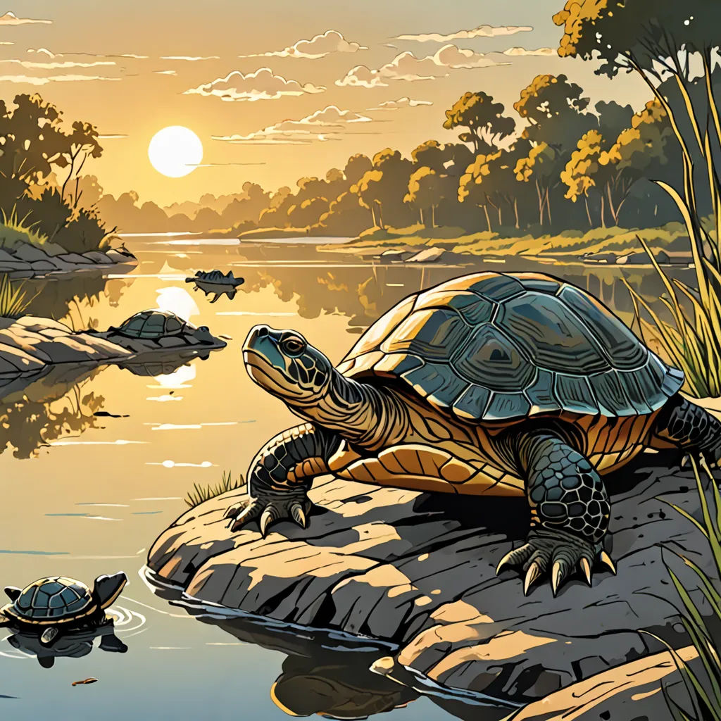a turtle and a turtleling are on a rock in the water at sunset or dawn, with a sun setting behind them, american scene painting, an illustration of, Dan Mumford, josan gonzales and dan mumford