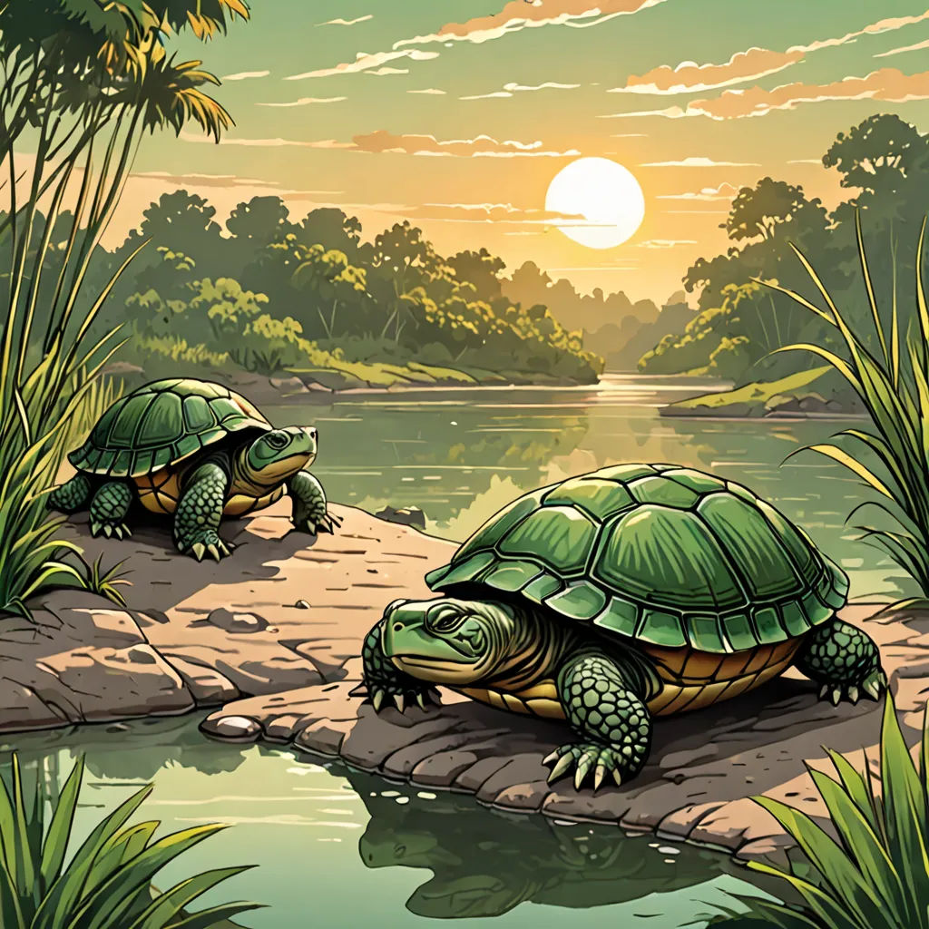 two turtles are sitting on a rock by the water at sunset or sunrise time, with the sun setting behind them, fantasy art, an illustration of, Dan Mumford, game art