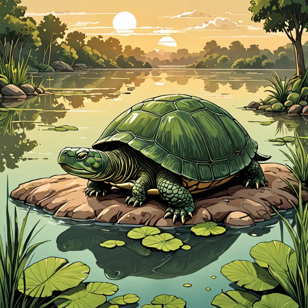 a turtle is sitting on a rock in the water near lily pads and a lake with lily pads and a sunset in the background, naturalism, a storybook illustration, Chris LaBrooy, golden ratio illustration