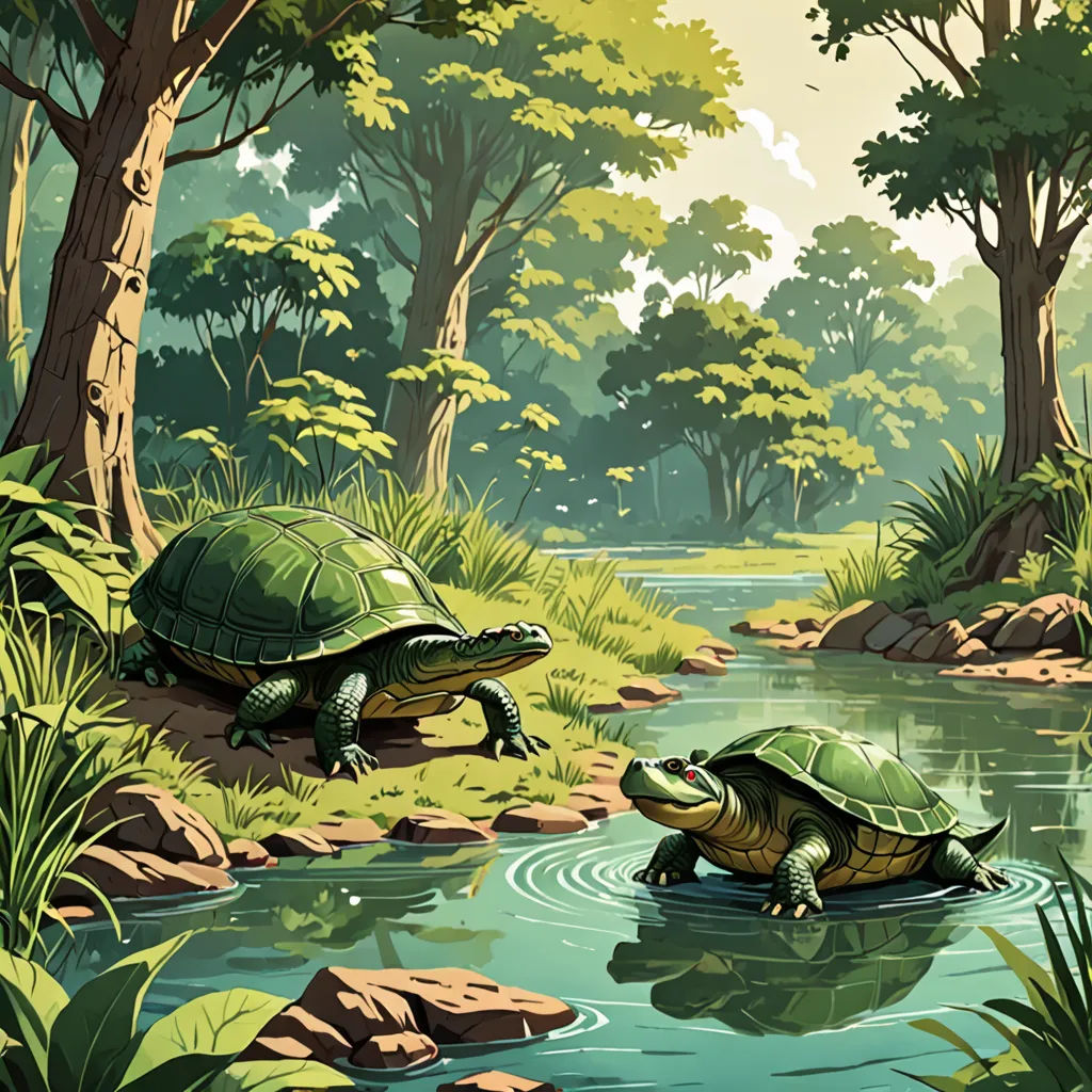two turtles are swimming in a pond in the woods, one is on the other side of the pond, environmental art, a storybook illustration, Chris LaBrooy, golden ratio illustration