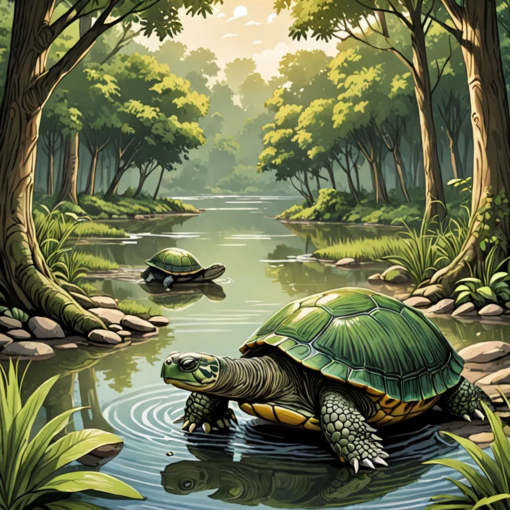 a painting of a turtle and a turtle swimming in a river in a forest with trees and rocks on the shore, fantasy art, a storybook illustration, Dan Mumford, golden ratio illustration