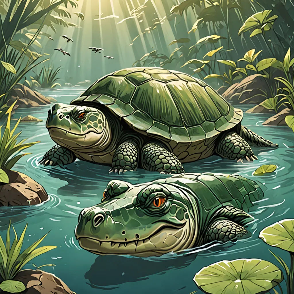 two turtles in a pond of water surrounded by plants and birds, with a sunbeam in the background, sots art, an illustration of, Dan Mumford, high detail illustration