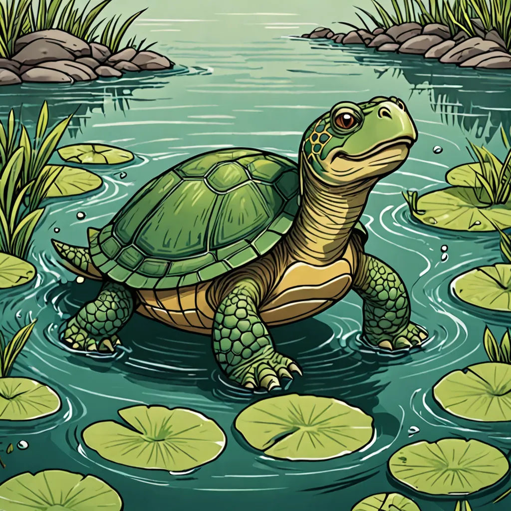 a turtle is swimming in a pond with lily pads and rocks in the background illustration by john wyee, sots art, an illustration of, Dan Mumford, storybook illustration
