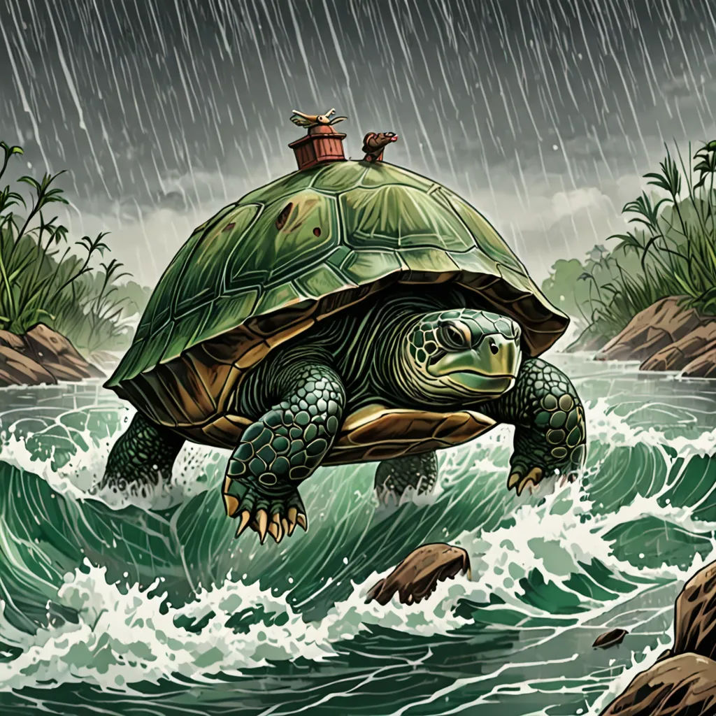 a turtle is walking through a river in the rain with a man on top of it's head, fantasy art, a storybook illustration, Chris LaBrooy, storybook illustration