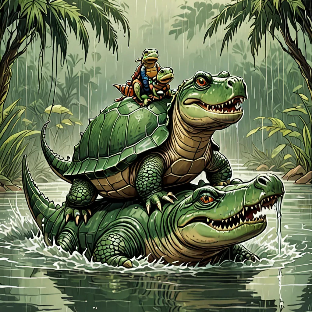 a man riding on the back of a large alligator in a river with a child on his back of it, fantasy art, a storybook illustration, Chris LaBrooy, magic the gathering artwork