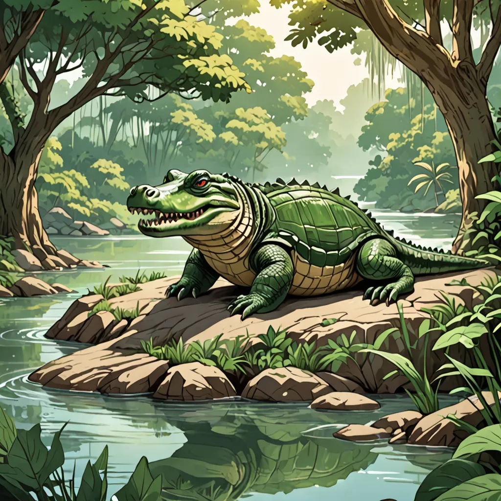 a large alligator sitting on a rock in a river surrounded by trees and plants, with a pond in the foreground, fantasy art, a storybook illustration, Chris LaBrooy, high detail illustration