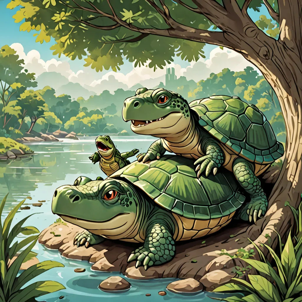 two turtles sitting on top of each other on a rock near a river and a tree with leaves on it, fantasy art, a storybook illustration, Brothers Hildebrandt, storybook illustration