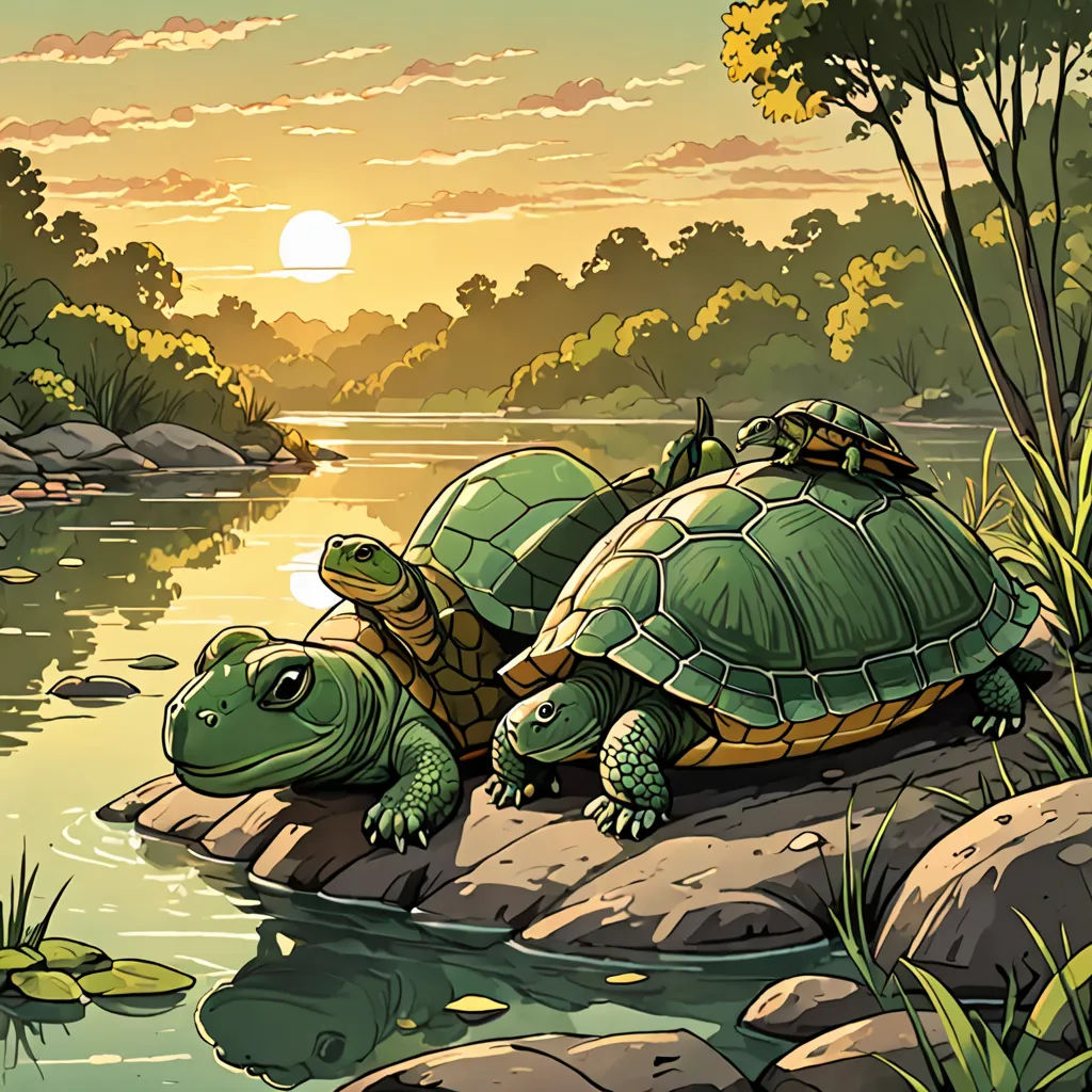 a painting of two turtles on a rock in a river at sunset or sunrise with a sun setting behind them, fantasy art, a storybook illustration, Dan Mumford, storybook illustration