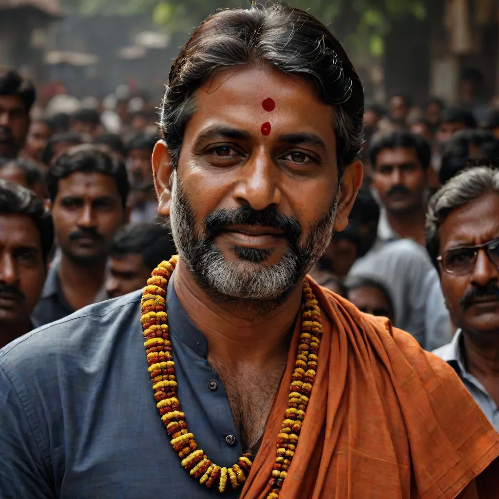 a man with a beard and a necklace on standing in front of a crowd of people wearing orange and blue, samikshavad, a character portrait, Bholekar Srihari, movie still frame