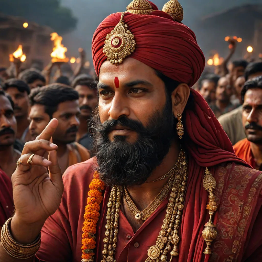 a man with a beard and a red turban is pointing to something in front of a crowd, samikshavad, a character portrait, Bholekar Srihari, movie still