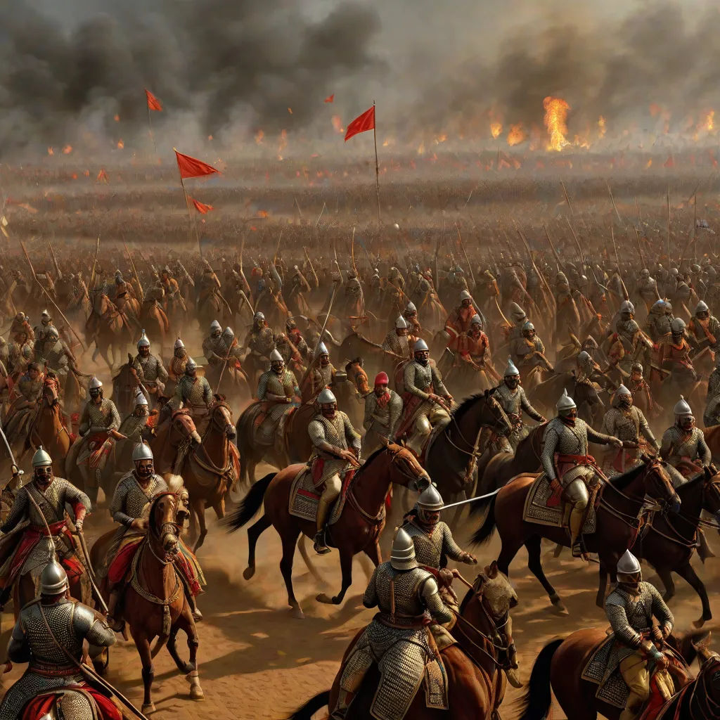 a painting of a battle with a large group of men on horses and men on horses on the ground, dau-al-set, a detailed matte painting, Altoon Sultan, huge scene