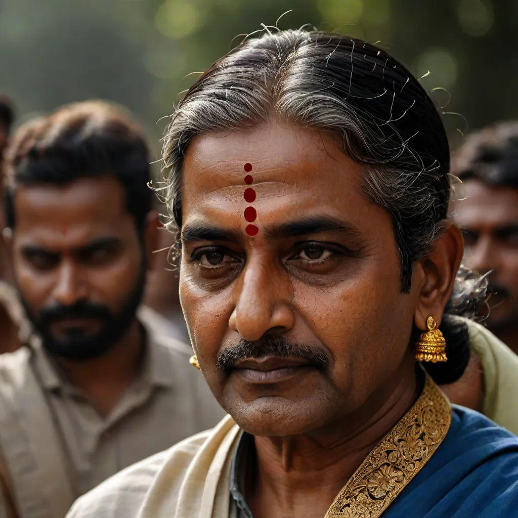a man with a red forehead piece and a yellow necklace on his neck and a red nose ring on his head, samikshavad, a character portrait, Bholekar Srihari, movie still frame