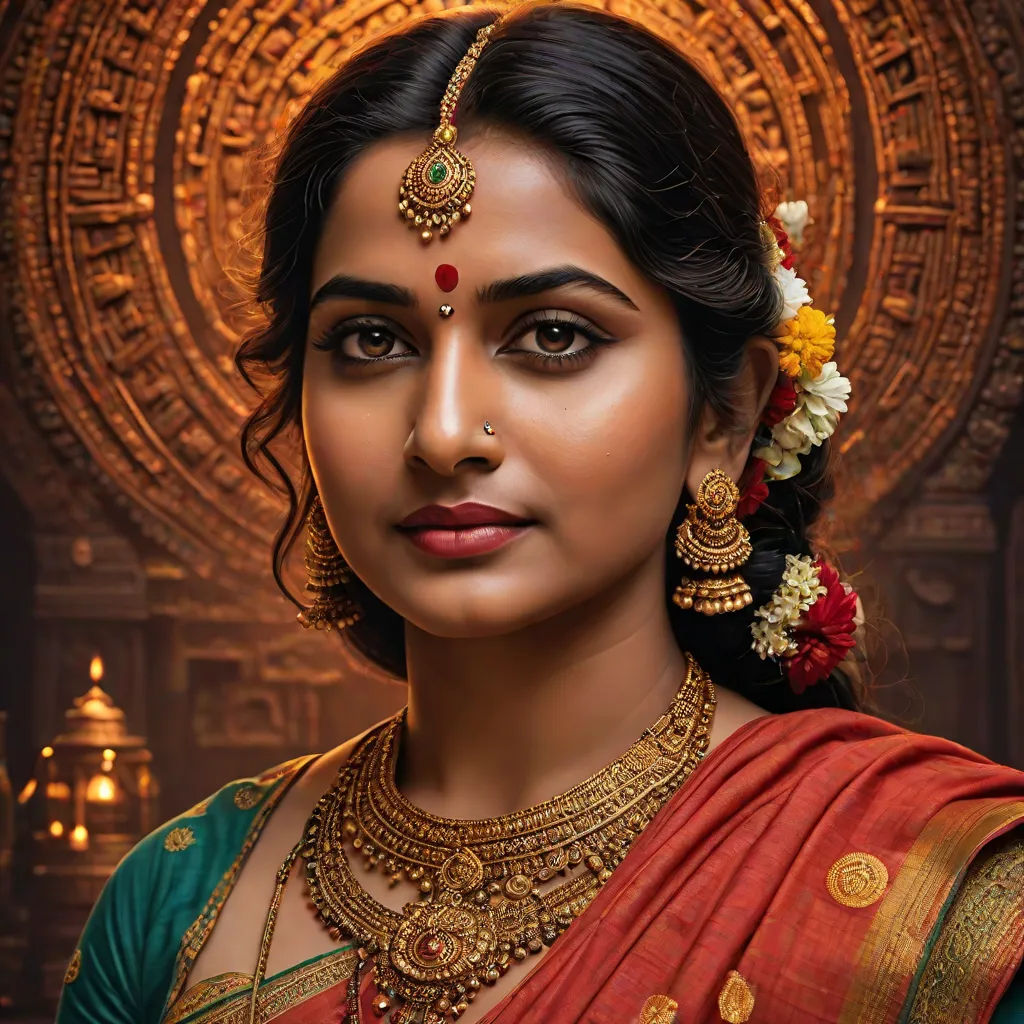 a woman in a red sari with a gold necklace and a flower in her hair and a gold necklace, samikshavad, poster art, Ella Guru, promotional image