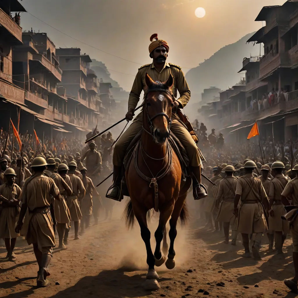 a man riding on the back of a brown horse next to a crowd of people on a street filled with buildings, samikshavad, a detailed matte painting, Bapu, cinematic photography