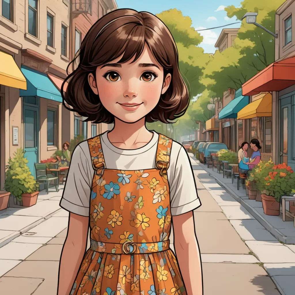 a girl in a dress standing on a street with a city street in the background and a woman in a dress standing on the street, american scene painting, a character portrait, Constance Gordon-Cumming, official art