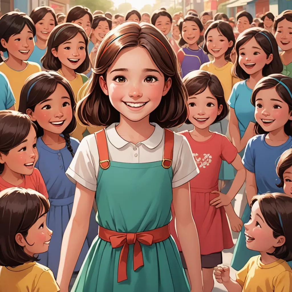 a cartoon of a girl standing in front of a crowd of children in a city street with a red ribbon around her neck, socialist realism, a storybook illustration, Choi Buk, official art