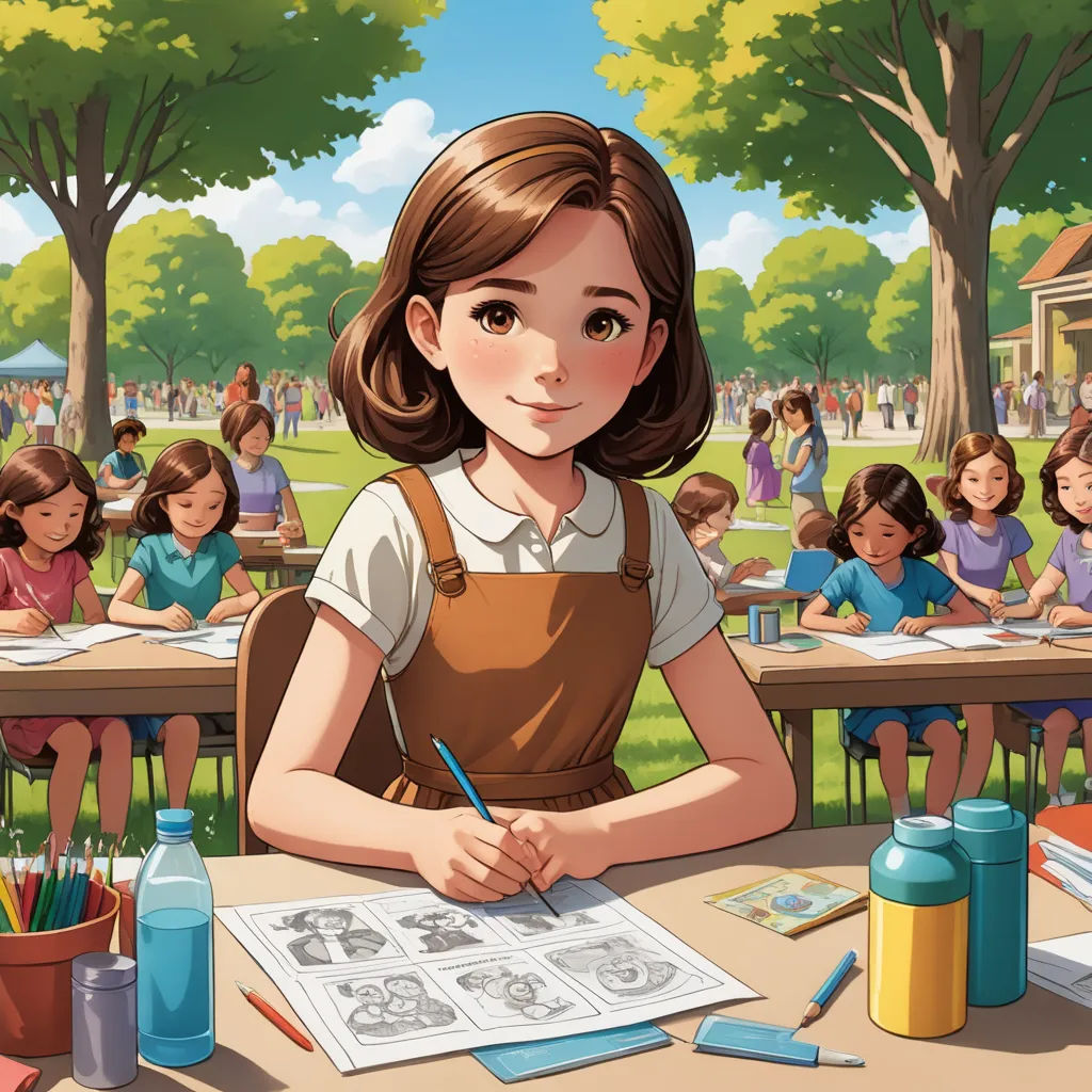a girl is sitting at a table with a book and pencils in front of her and a group of children behind her, american scene painting, a storybook illustration, artist, official art