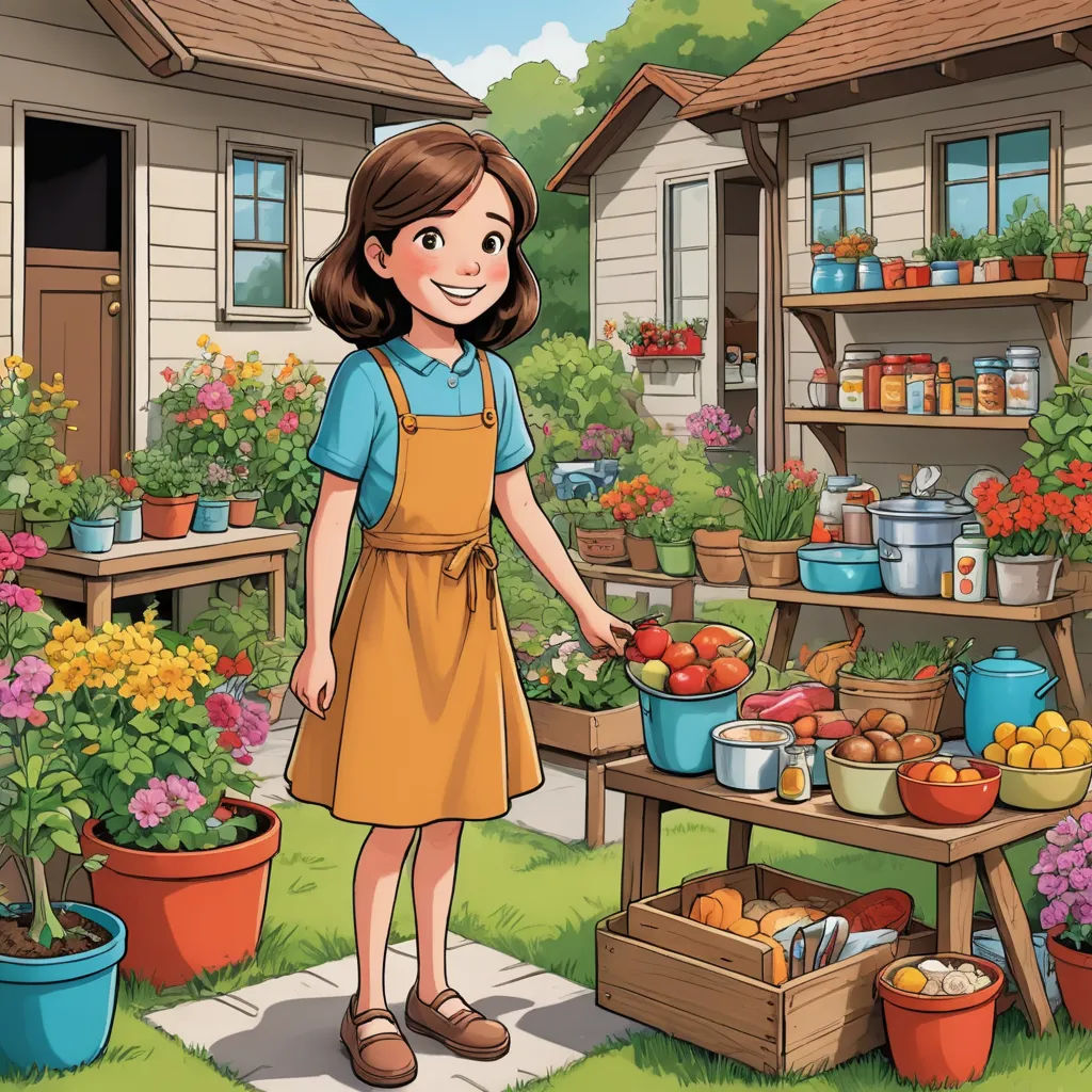 a girl in a garden with a lot of flowers and plants in the background and a house with a garden, american scene painting, a storybook illustration, Elinor Proby Adams, promotional image