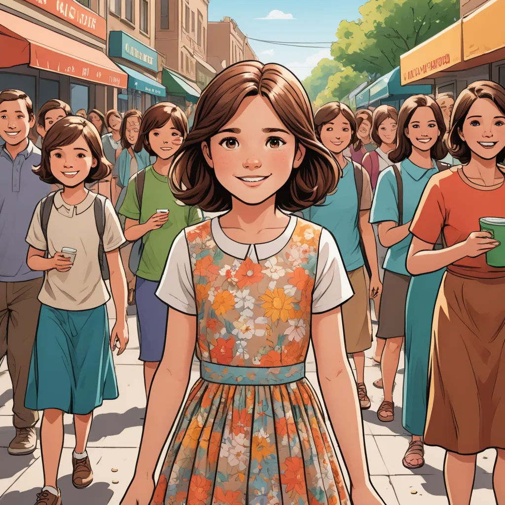 a cartoon of a girl in a dress standing in front of a crowd of people on a city street, american scene painting, a storybook illustration, David Park, graphic novel