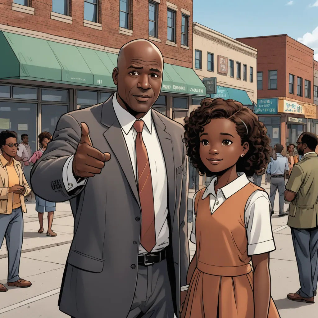 a man and a little girl standing in front of a building on a city street with a man giving a thumbs up, harlem renaissance, a comic book panel, Cedric Seaut (Keos Masons), comic cover art