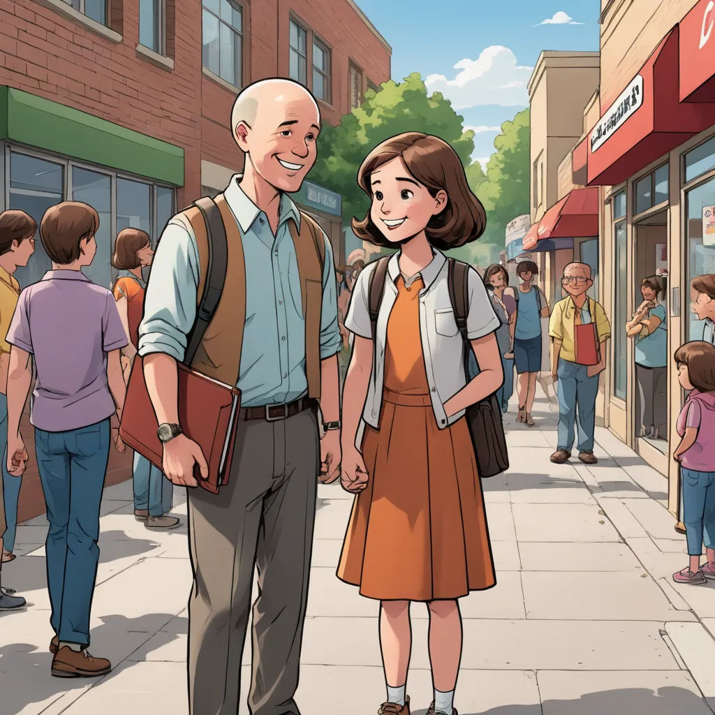 a man and woman standing on a sidewalk in front of a store front with people walking by on the sidewalk, american scene painting, a comic book panel, Asaf Hanuka, graphic novel