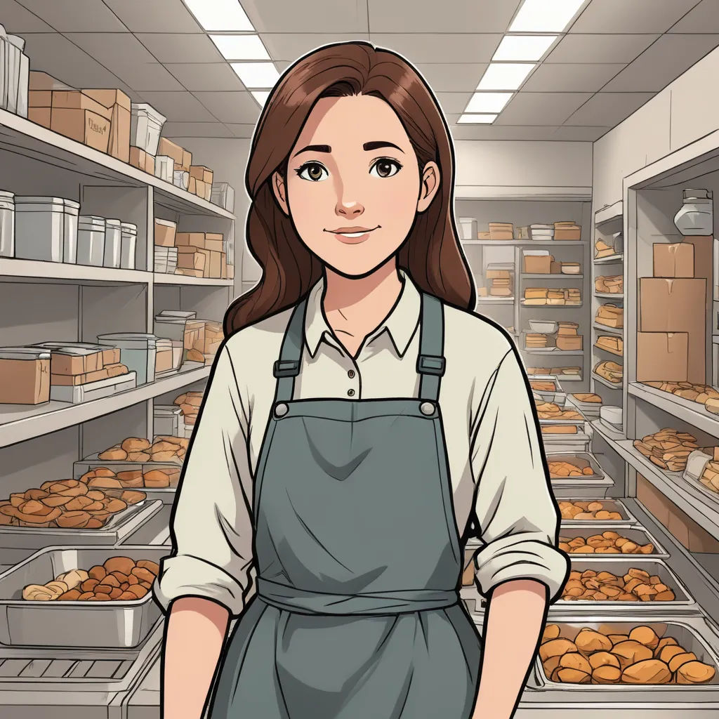 a woman in an apron standing in front of a shelf of food in a store or bakery with shelves of baked goods, remodernism, a character portrait, Clarice Beckett, character portrait