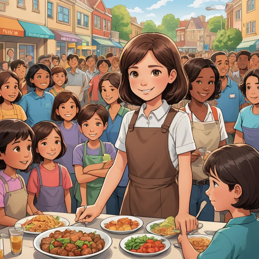 a woman standing in front of a table filled with plates of food and people standing around it in front of a crowd of people, socialist realism, a storybook illustration, Bourgeois, official art