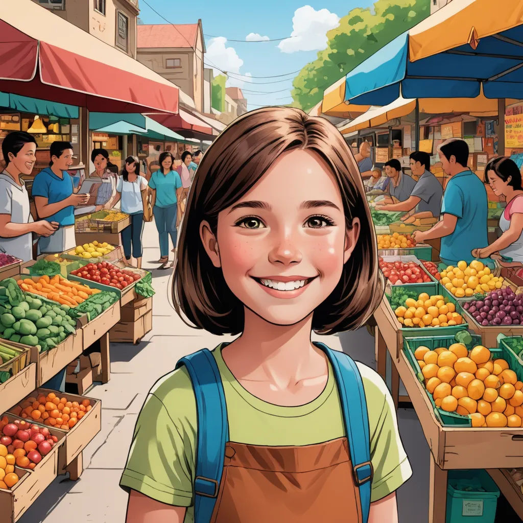a girl standing in front of a fruit stand with oranges and other fruit in the background and people shopping, lyco art, a storybook illustration, Asaf Hanuka, detailed illustration