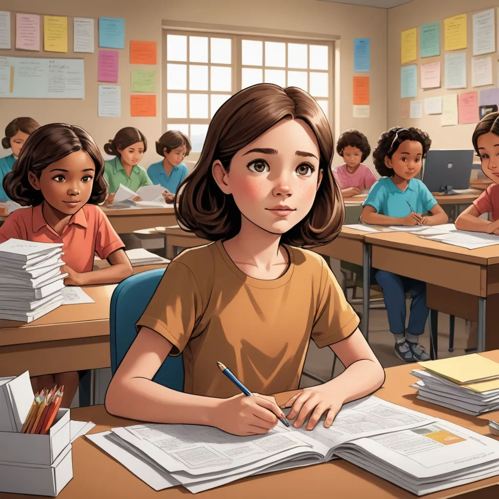 a girl sitting at a desk with a book and pencil in front of her and a group of other children, photorealism, a storybook illustration, Artgerm, official art