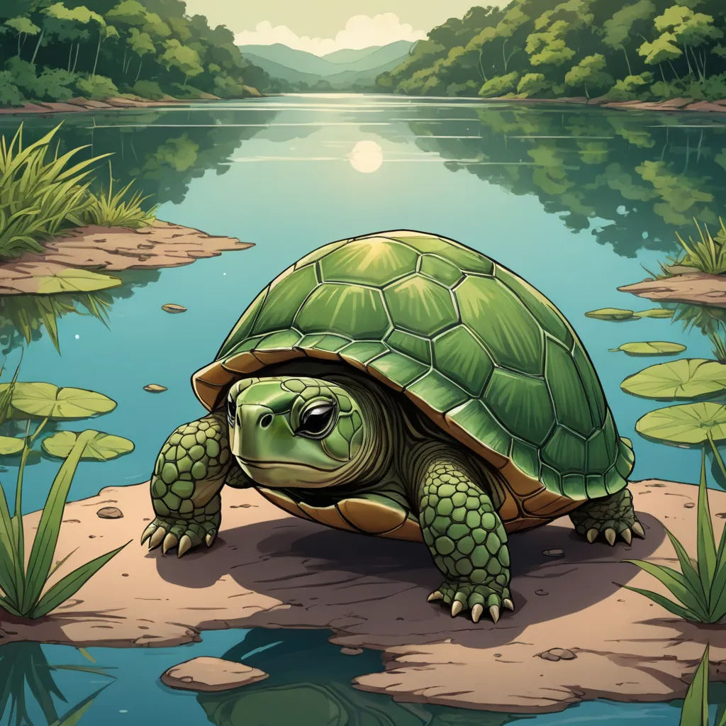 a turtle is sitting on a rock near a pond of water and plants with a sun in the background, sots art, a character portrait, Dan Mumford, 2 d game art