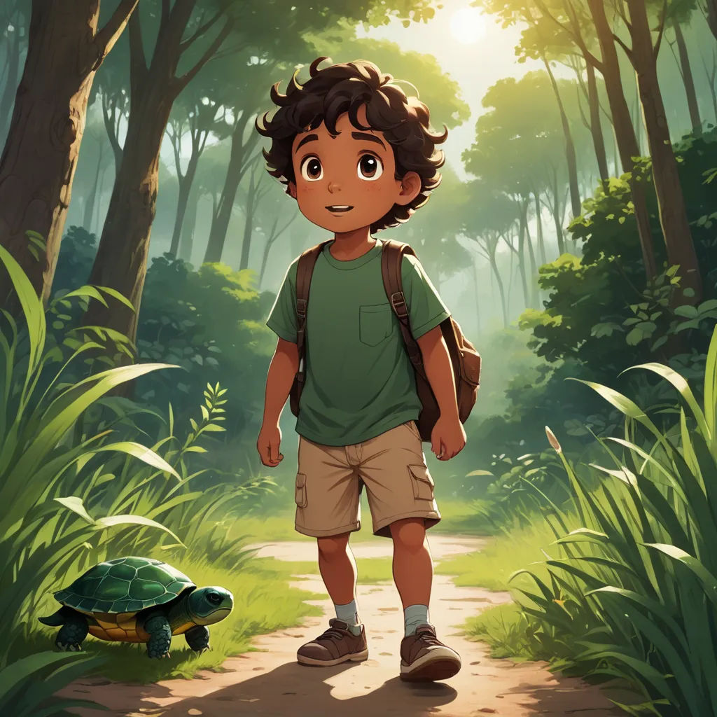 a boy walking down a path with a turtle on the side of it in the forest with trees and grass, sots art, a storybook illustration, Aaron Jasinski, official art