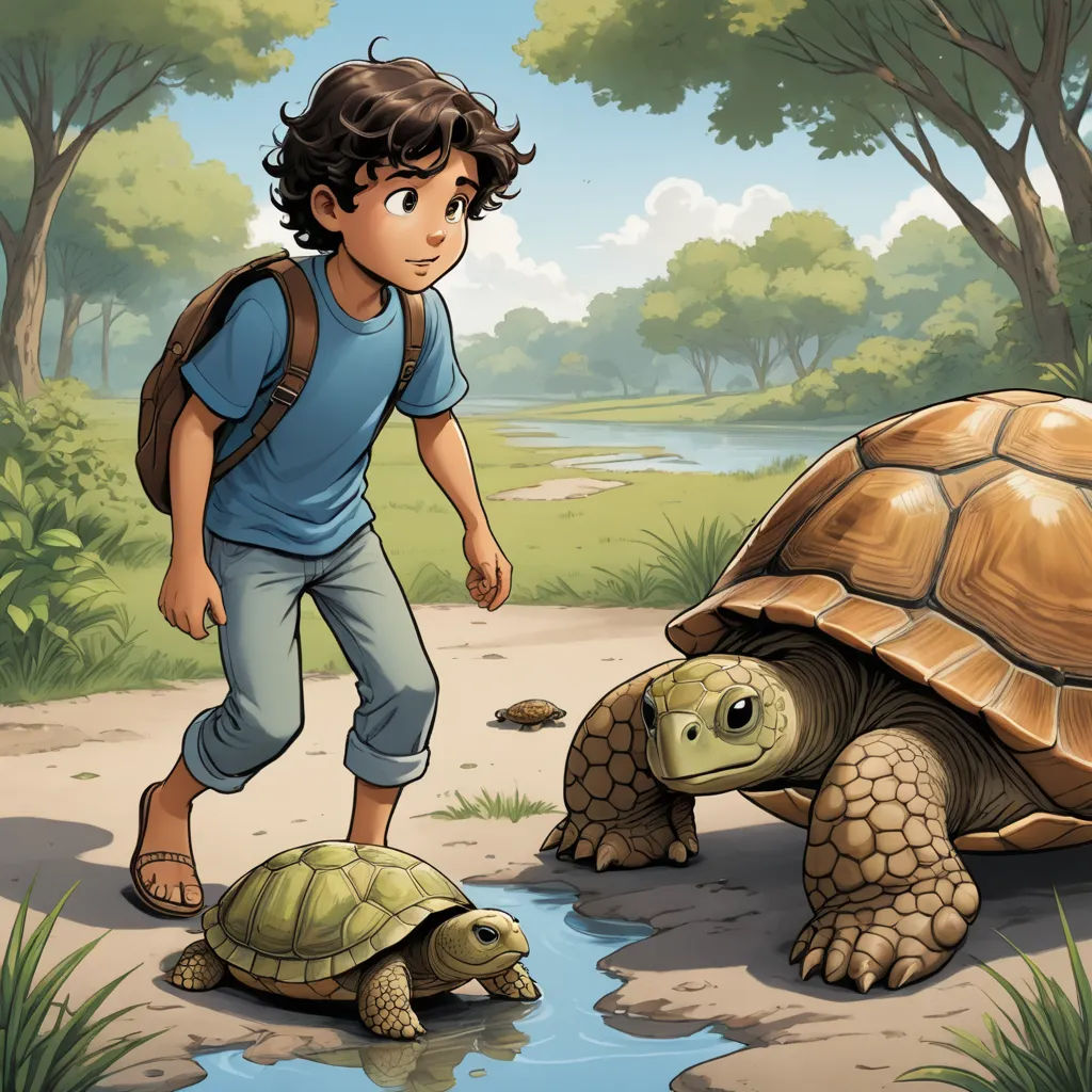 a boy and a turtle in a forest by a stream of water and trees, with a man looking at the turtle, fantasy art, a storybook illustration, Diego Gisbert Llorens, storybook illustration