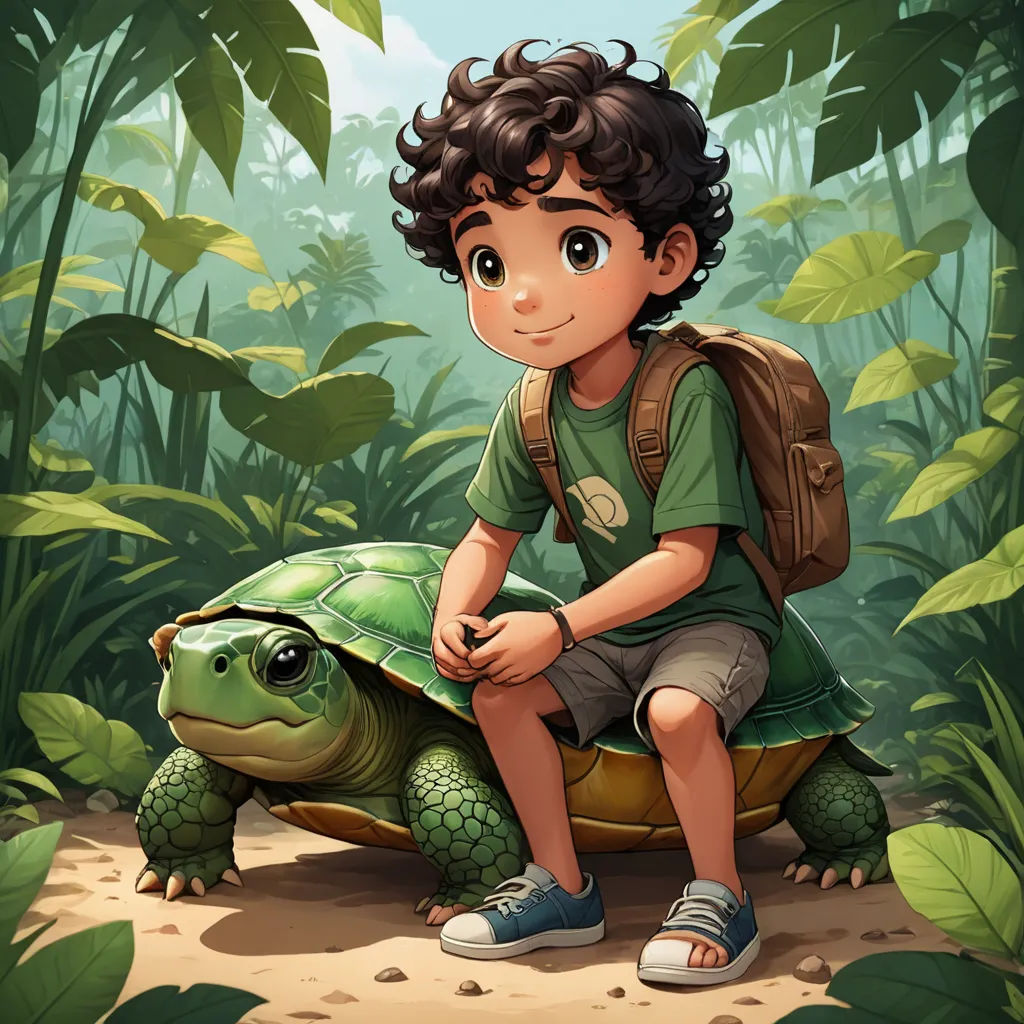 a boy sitting on top of a turtle in a forest with a backpack on his back and a backpack on his shoulder, sots art, a character portrait, Diego Gisbert Llorens, character portrait
