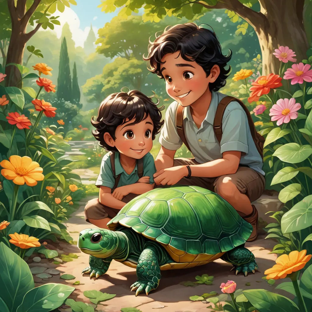 a boy and a boy are sitting on a turtle in the woods with flowers and trees around them, and a boy is looking at the turtle, sots art, a storybook illustration, Aaron Jasinski, official art