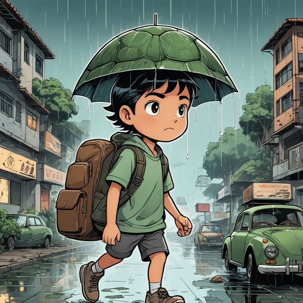 a boy with a backpack and an umbrella walking in the rain in a cartoon style, with a green car behind him, photorealism, a storybook illustration, Diego Gisbert Llorens, rain
