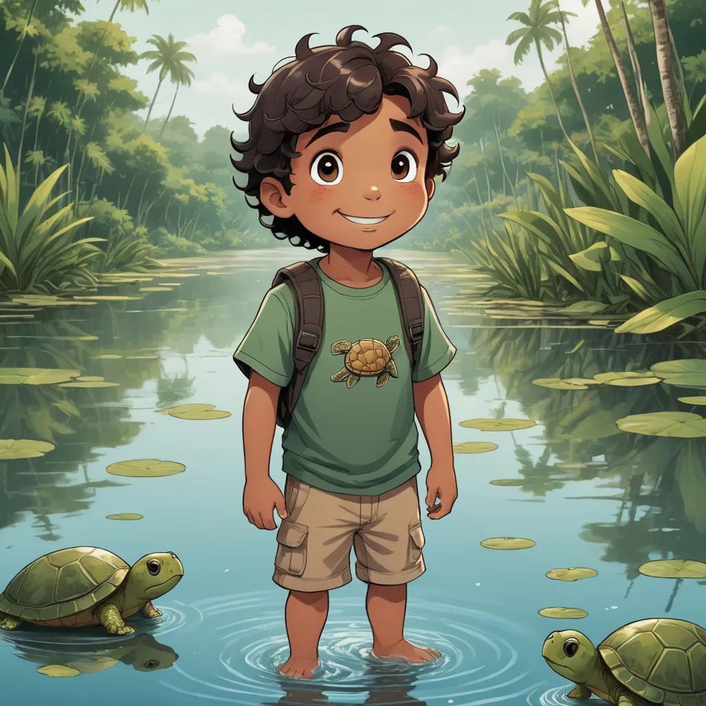 a boy standing in a river with a turtle in the water and a forest in the background with palm trees, sots art, a storybook illustration, Eddie Mendoza, official art