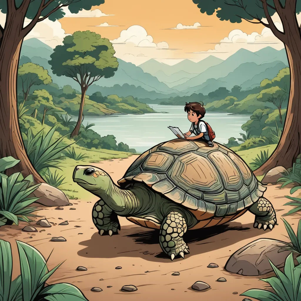 a boy sitting on top of a turtle in the forest with a laptop computer on his lap and a lake in the background, fantasy art, a storybook illustration, Diego Gisbert Llorens, storybook illustration