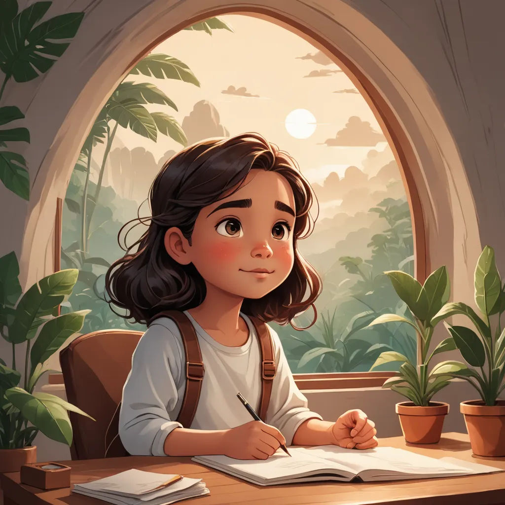 a girl sitting at a desk writing on a piece of paper with a window in the background and a potted plant in the foreground, fantasy art, a storybook illustration, Diego Gisbert Llorens, trending on art station