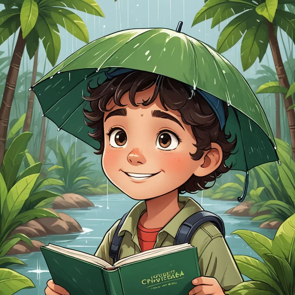 a boy is holding a book and an umbrella over his head while standing in the rain in a jungle, sots art, a character portrait, Diego Gisbert Llorens, book cover