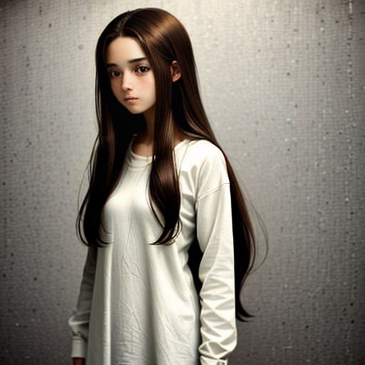 a woman standing in front of a wall with long hair in a white dress and a black purse on her shoulder