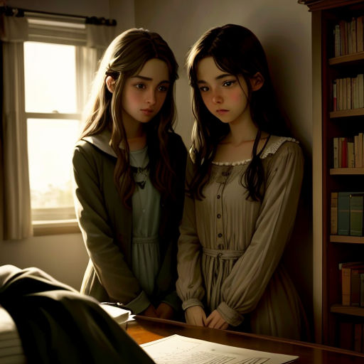 two girls standing next to each other in a room with a bookcase and window behind them, both looking at the camera