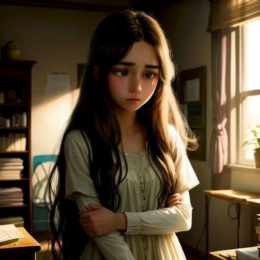 a girl standing in a room with a bookcase and a window behind her and a book on a desk