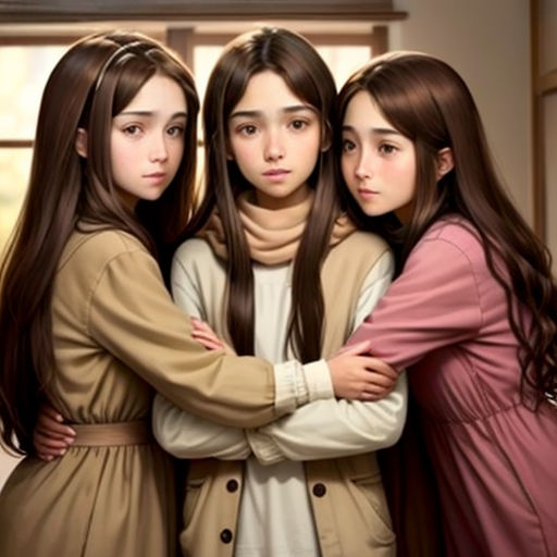 three girls standing next to each other in a room with a window behind them and one girl with long hair