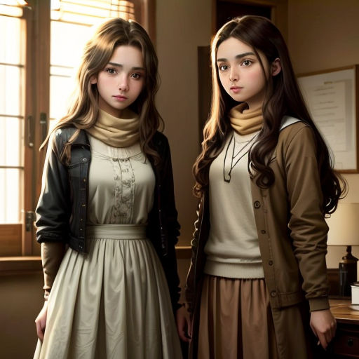 two young girls standing next to each other in a room with a window and a lamp on the side